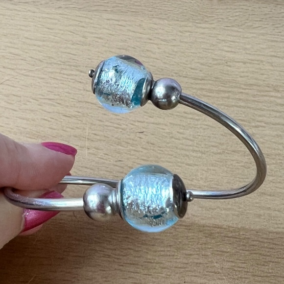 VINTAGE STERLING SILVER COIL WRAP CUFF BRACELET FROSTED AQUA BLUE MURANO GLASS - Picture 6 of 16